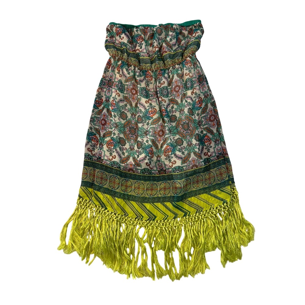 Flying Tomato Boho Strapless Paisley Fringe Mini Dress Beach Cover Up Green S